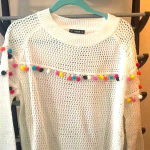 SHEIN white sweater with colorful pompoms